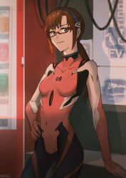 Rule 34 | 1girl, absurdres, arm support, blue hairband, bodysuit, breasts, brown hair, closed mouth, covered navel, cowboy shot, evangelion: 3.0 you can (not) redo, glasses, hairband, hand on own hip, highres, long hair, looking at viewer, low twintails, makinami mari illustrious, neon genesis evangelion, orlijiang, pink bodysuit, plugsuit, rebuild of evangelion, red-framed eyewear, small breasts, smile, smug, solo, twintails