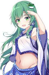 Rule 34 | 1girl, :d, cowboy shot, detached sleeves, e.o., frog hair ornament, green eyes, green hair, hair ornament, hand in own hair, highres, kochiya sanae, long hair, looking at viewer, midriff, navel, open mouth, simple background, smile, snake hair ornament, solo, sweatdrop, touhou, white background, wide sleeves
