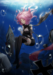Rule 34 | 1girl, absurdres, belt, black bra, black shorts, black thighhighs, black vest, boots, bouquet, bra, breasts, broken, bubble, cleavage, cross, floating hair, flower, german text, high collar, highres, holding, iron cross, legs together, light rays, long hair, machinery, pink hair, red eyes, shorts, solo, tears, thigh boots, thighhighs, tirpitz (warship girls r), torn clothes, underwear, vest, warship girls r, white belt, white flower, xing muhen