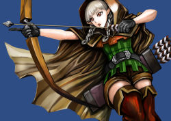Rule 34 | arrow (projectile), boots, bow (weapon), braid, def (chronowarld), dragon&#039;s crown, elf, elf (dragon&#039;s crown), hood, pointy ears, red eyes, shorts, thigh boots, thighhighs, vanillaware, weapon, white hair