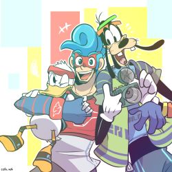Rule 34 | 3boys, @ @, ahoge, angry, arms (game), bird, black eyes, blue eyes, blue hair, camera, cello us, cowboy shot, disney, dog, donald duck, duck, gloves, goofy, happy, hat, headband, holding, holding camera, hug, kingdom hearts, long ears, looking at another, looking at viewer, mask, multiple boys, nintendo, one eye closed, open mouth, smile, spring man (arms), square enix, teeth, thick eyebrows, tongue