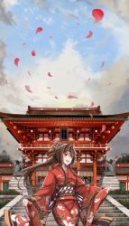 Rule 34 | 10s, 1girl, :d, architecture, brown hair, building, cloud, cloudy sky, commentary request, cowboy shot, day, east asian architecture, floral print, flower, fox statue, hair between eyes, hair flower, hair ornament, happy new year, highres, japanese clothes, kantai collection, kimono, long hair, looking at viewer, new year, obi, open mouth, outdoors, outstretched arms, perspective, petals, red kimono, sash, sekigan, shrine, sky, smile, solo, stairs, statue, stone stairs, temple, tree, very long hair, wide sleeves, yamato (kancolle)