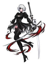 Rule 34 | 1girl, absurdres, black dress, blindfold, boots, cleavage cutout, clothing cutout, covered eyes, dress, feather-trimmed sleeves, full body, hella p, high heel boots, high heels, highres, leotard, leotard under clothes, nier:automata, nier (series), puffy sleeves, short hair, silver hair, simple background, skindentation, solo, sword, thigh boots, thighhighs, thighhighs under boots, weapon, weapon on back, 2b (nier:automata)