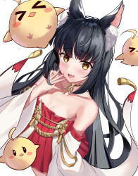 Rule 34 | 1girl, absurdres, animal ear fluff, animal ears, azur lane, bare shoulders, black hair, blush, breasts, choker, cleavage, collarbone, detached sleeves, dress, fang, fingers to cheeks, fox ears, fox girl, gold choker, gold trim, highres, hime cut, lipstick, long hair, looking at viewer, makeup, manjuu (azur lane), mimiim, nagato (azur lane), nail polish, open mouth, pleated dress, raised eyebrows, red dress, sidelocks, small breasts, smile, spread fingers, straight hair, strapless, strapless dress, teeth, tongue, very long hair, white background, white sleeves, yellow eyes