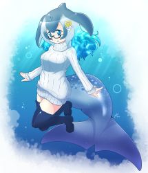 Rule 34 | 10s, 1girl, anchor hair ornament, aqua hair, blowhole, blue eyes, blue whale (kemono friends), boots, bubble, cetacean tail, commentary request, dress, fins, fish tail, glasses, grey hair, hair ornament, highres, kemono friends, long hair, long sleeves, multicolored hair, solo, sweater, sweater dress, tail, thigh boots, thighhighs, turtleneck, underwater, whale tail (clothing), yogurtm