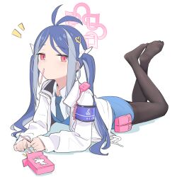 Rule 34 | 1girl, absurdres, antenna hair, armband, black pantyhose, blue archive, blue armband, blue hair, blue necktie, blue skirt, bow, feet, food in mouth, fubuki (blue archive), hair bow, hair ornament, hairclip, heart-shaped ornament, highres, jacket, legs, long hair, looking at viewer, lying, multicolored hair, necktie, no shoes, on stomach, pantyhose, pocky, pocky in mouth, red eyes, rong hui, skirt, soles, solo, strawberry pocky, the pose, toes, twintails, two-tone hair, white bow, white jacket