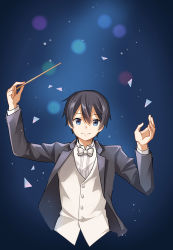 Rule 34 | 1boy, black hair, blouse, blue background, blue eyes, bow, bowtie, closed mouth, cropped torso, dress shirt, grey jacket, hair between eyes, holding, jacket, kirito, long sleeves, looking at viewer, male focus, open clothes, open jacket, shirt, short hair, shoura, smile, solo, sword art online, vest, white bow, white bowtie, white shirt, white vest