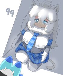 Rule 34 | 1girl, :3, ahoge, animal ear fluff, animal ears, blue necktie, blue skirt, blush, breasts, closed mouth, commentary request, dutch angle, elbow gloves, full body, gloves, glowing, glowing eyes, grey eyes, highres, kemono friends, large breasts, lets0020, lion ears, lion girl, lion tail, long hair, lucky beast (kemono friends), medium bangs, miniskirt, necktie, numbered, pantyhose, plaid, plaid necktie, plaid skirt, pleated skirt, shirt, short sleeves, skirt, smile, solo, squatting, tail, white gloves, white hair, white lion (kemono friends), white pantyhose, white shirt