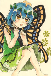 Rule 34 | 1girl, absurdres, antennae, aqua hair, barefoot, blush, butterfly wings, dress, eternity larva, fairy, green dress, hair between eyes, highres, insect wings, leaf, leaf on head, maa (forsythia1729), marker (medium), multicolored clothes, multicolored dress, open mouth, orange eyes, short hair, short sleeves, single strap, smile, solo, touhou, traditional media, wings