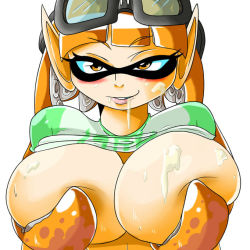 Rule 34 | 1girl, alternate breast size, blush, breast lift, breasts, clothes lift, cum, cum on body, cum on breasts, cum on upper body, deep skin, domino mask, facial, goggles, goggles on head, green shirt, hair censor, huge breasts, hyperpoet, inkling, inkling girl, inkling player character, lips, long hair, looking at viewer, mask, matching hair/eyes, nintendo, orange eyes, orange hair, pointy ears, prehensile hair, shirt, shirt lift, simple background, solo, splatoon (series), splatoon 1, t-shirt, tentacle hair, tentacles