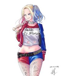 Rule 34 | 1girl, absurdres, blonde hair, blue hair, breasts, dc comics, harley quinn, highres, makeup, multicolored hair, pantyhose, pantyhose under shorts, pink hair, short shorts, shorts, solo, suicide squad, thighs, torn clothes, torn pantyhose, weapon