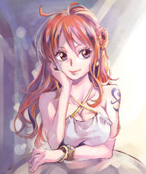 Rule 34 | 1girl, arm tattoo, bare shoulders, blue eyes, bracelet, breasts, cleavage, commentary request, criss-cross halter, dress, earrings, female focus, flower, hair bun, halterneck, head rest, himerinco, jewelry, large breasts, lips, long hair, looking away, nami (one piece), one piece, side bun, single side bun, smile, solo, strap gap, tattoo, upper body