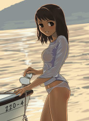 Rule 34 | 1girl, argon, backlighting, bad id, bad pixiv id, black hair, boat, hairband, looking at viewer, mountain, original, panties, see-through, smile, solo, underwear, water, watercraft, wet, wet clothes