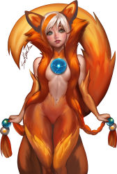 Rule 34 | 1girl, animal ears, blue eyes, braid, breasts, curvy, fire, fox ears, fox tail, fur, hair censor, looking at viewer, mozilla firefox, multicolored hair, navel, orange hair, orange theme, personification, sakimichan, signature, small breasts, solo, tail, twin braids, white background, white hair, wide hips