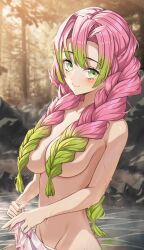 Rule 34 | 1girl, absurdres, blush, braid, braided ponytail, breasts, closed mouth, completely nude, convenient censoring, gradient hair, green eyes, green hair, groin, hair censor, hair intakes, hair over breasts, highres, kanroji mitsuri, kimetsu no yaiba, large breasts, long hair, looking at viewer, mole, mole under each eye, mole under eye, multicolored hair, multiple moles, navel, nude, onsen, outdoors, pink hair, rock, smile, solo, tree, twin braids, two-tone hair, wading, water, wet, yozora (1wkdgusdn)