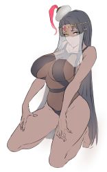 Rule 34 | 1girl, absurdres, aqua eyes, bad id, bad tumblr id, bare arms, bare legs, bare shoulders, barefoot, black hair, breasts, circlet, closed mouth, dark-skinned female, dark skin, fate/grand order, fate (series), full body, hat, highres, hometa, kneeling, large breasts, long hair, looking at viewer, mini hat, mouth veil, scheherazade (fate), simple background, solo, veil, very long hair, white background