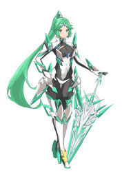 Rule 34 | 1girl, absurdres, aegis sword (xenoblade), aotsuba, breasts, cosplay, earrings, female focus, full body, gloves, green eyes, green hair, high heels, highres, holding, holding sword, holding weapon, jewelry, kid icarus, long hair, looking at viewer, matching hair/eyes, medium breasts, nintendo, palutena, pneuma (xenoblade), pneuma (xenoblade) (cosplay), ponytail, simple background, smile, solo, standing, swept bangs, sword, tiara, very long hair, weapon, white background, xenoblade chronicles (series), xenoblade chronicles 2
