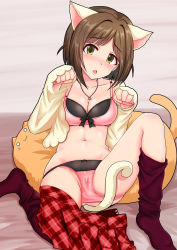 Rule 34 | 1girl, animal ears, bed, bed sheet, blush, bow, bow bra, bow panties, bra, breasts, brown hair, cameltoe, cat ears, cat tail, cleavage, cowboy shot, fang, green eyes, head tilt, idolmaster, idolmaster cinderella girls, jewelry, looking at viewer, lying, maekawa miku, momoda yasuhito, navel, necklace, on back, open clothes, panties, paw pose, pink bra, pink panties, plaid, plaid skirt, pleated skirt, purple thighhighs, reclining, red skirt, short hair, skirt, skirt around one leg, sleeves past wrists, solo, tail, thighhighs, underwear