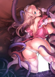 Rule 34 | 1girl, ass, blonde hair, blue eyes, boots, breasts, censored, elbow gloves, gloves, imminent rape, large breasts, long hair, looking back, mosaic censoring, nipples, nishieda, open mouth, panties, panty pull, solo, sweat, tentacles, thigh boots, thighhighs, thorns, underwear, white gloves, white panties, white thighhighs