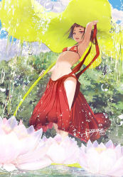 Rule 34 | 1girl, arm up, armpits, bikini, bikini top only, black eyes, black hair, breasts, cloud, eyebrows, eyeshadow, flower, from below, hair ornament, hakama, hakama skirt, hip vent, japanese clothes, lake, lily (flower), lily pad, looking at viewer, looking down, looking to the side, makeup, navel, no panties, open mouth, original, oversized object, popopo (popopo5656), rain, short hair, sideboob, signature, skirt, sky, small breasts, smile, stomach, swimsuit, tree, walking, walking on liquid, water, water drop, wet