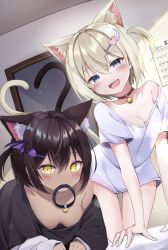 Rule 34 | 2girls, :d, animal ear fluff, animal ears, bell, black hair, black shirt, blonde hair, blue eyes, breasts, calendar (object), cat ears, cat girl, cat tail, choker, cleavage, dark-skinned female, dark skin, downblouse, extra ears, fang, hair ornament, heart, heart hair ornament, heart tail duo, highres, hyurasan, layered sleeves, long sleeves, looking at viewer, medium breasts, mouth hold, multiple girls, naked shirt, neck bell, no bra, off shoulder, one side up, open mouth, original, oversized clothes, oversized shirt, shirt, short hair, short over long sleeves, short sleeves, skin fang, smile, spade hair ornament, tail, white shirt, wing hair ornament, yellow eyes