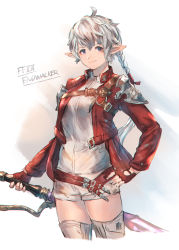 Rule 34 | 1girl, ahoge, alisaie leveilleur, armor, braid, braided ponytail, brown eyes, closed mouth, copyright name, cropped legs, dress shirt, final fantasy, final fantasy xiv, fingerless gloves, gloves, hand on own hip, highres, holding, holding sword, holding weapon, jacket, long hair, long sleeves, looking at viewer, open clothes, open jacket, pointy ears, red gloves, red jacket, shimatani azu, shirt, short shorts, shorts, shoulder armor, silver hair, smile, solo, sword, thighhighs, very long hair, weapon, white background, white shirt, white shorts, white thighhighs, zettai ryouiki