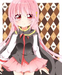 Rule 34 | 1girl, bad id, bad pixiv id, cape, checkered background, hair ornament, highres, kyapinetzu, long hair, looking at viewer, original, pink eyes, pink hair, pleated skirt, skirt, smile, solo