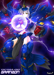 Rule 34 | 1girl, banpresto, breasts, clenched hand, clenched hands, electricity, energy ball, granzon, haganef, large breasts, mecha musume, midriff, silver hair, solo, super robot wars, super robot wars the lord of elemental, text focus, underboob, yellow eyes