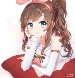 Rule 34 | 1girl, bow, breasts, brown bow, brown hair, closed mouth, commentary request, detached sleeves, green eyes, hair ribbon, hairband, high ponytail, kizuna ai, kizuna ai inc., long hair, long sleeves, lying, medium breasts, multicolored hair, on stomach, pink hair, pink hairband, pink ribbon, ribbon, runamochi, sailor collar, shirt, side ponytail, signature, sleeveless, sleeveless shirt, sleeves past wrists, smile, solo, star (symbol), streaked hair, striped, striped bow, very long hair, virtual youtuber, white sailor collar, white shirt, white sleeves