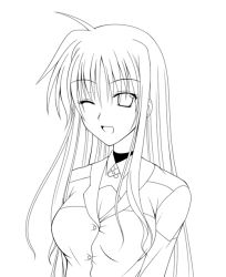 Rule 34 | 00s, 1girl, ;d, breasts, buttons, choker, cleavage, fate testarossa, greyscale, kirisaki byakko, long hair, long sleeves, looking at viewer, lyrical nanoha, mahou shoujo lyrical nanoha, mahou shoujo lyrical nanoha strikers, monochrome, one eye closed, open mouth, sidelocks, simple background, smile, solo, very long hair, white background