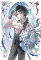 Rule 34 | 1boy, absurdres, ahoge, alternate costume, bishounen, black gloves, black hair, blue ribbon, bouquet, cowboy shot, daisy, diffraction spikes, film grain, flower, frilled skirt, frills, gem, genshin impact, glint, gloves, green hair, highres, holding, holding bouquet, jewelry, lily (flower), looking at viewer, male focus, multicolored hair, parted bangs, puffy sleeves, ribbon, short hair, short hair with long locks, sidelocks, skirt, solo, sparkle, standing, tiara, two-tone hair, veil lift, xiao (genshin impact), yellow eyes, zhumojian