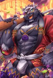 Rule 34 | 1boy, abs, alternate costume, animal ears, bara, bare pectorals, bulge, chest hair, chest tattoo, covered erect nipples, eyepatch, feathered wings, festival, forked eyebrows, furry, furry male, green eyes, grey fur, gun, hand on own hip, happi, highres, jaguar boy, jaguar ears, jaguar tail, japanese clothes, large pectorals, loincloth, male focus, muscular, navel, one eye covered, over shoulder, pectorals, rabbity art, rifle, short hair, solo, tail, tattoo, tezcatlipoca (housamo), thick eyebrows, thick thighs, thighs, tokyo houkago summoners, weapon, weapon over shoulder, weapon request, wings