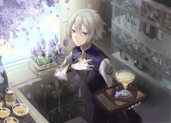 Rule 34 | 1boy, bar (place), bartender, beartoris, black pants, black vest, blue eyes, chinese clothes, closed mouth, cocktail, counter, cowboy shot, cup, day, drinking glass, falling petals, fate/grand order, fate (series), flower, flower knot, gloves, grey hair, hair between eyes, hand on own chest, holding, holding tray, jar, lavender (flower), layered sleeves, light particles, long sleeves, looking at viewer, male focus, pants, petals, plant, potted plant, prince of lan ling (fate), purple flower, shelf, short hair, sidelocks, smile, solo, standing, tailcoat, tassel, tray, vest, white gloves, white sleeves, window