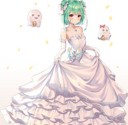 Rule 34 | 1girl, absurdres, bare shoulders, basket, blush, choker, closed mouth, collarbone, commentary, confetti, double bun, dress, elbow gloves, feet out of frame, flat chest, frilled dress, frills, ghost, gloves, gradient background, green hair, hair bun, highres, hokori sakuni, holding, holding basket, hololive, jewelry, layered dress, looking at viewer, necklace, red eyes, short hair, simple background, skull necklace, smile, solo, strapless, uruha rushia, virtual youtuber, wedding dress, white background, white choker