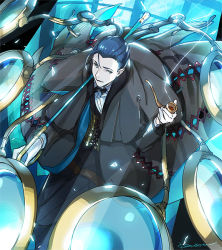 Rule 34 | 1boy, black bow, black bowtie, black hair, black jacket, black pants, blue eyes, blue jacket, bow, bowtie, collared shirt, fate/grand order, fate (series), formal, gloves, jacket, kaworu (kaw lov), long sleeves, looking at viewer, looking up, male focus, neckwear request, pants, sherlock holmes (fate), shirt, short hair, signature, solo, suit, white gloves, white shirt