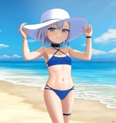 Rule 34 | 1girl, absurdres, bare arms, bare shoulders, beach, bikini, blue bikini, blue eyes, blue nails, blue sky, blue wristband, blush, cloud, collarbone, cowboy shot, earrings, eyelashes, flat chest, grey hair, grin, hair ornament, halterneck, hands on headwear, hat, highres, jewelry, looking at viewer, nail polish, navel, navel piercing, ocean, piercing, red wristband, rurine luna, sand, shade, signature, sky, smile, solo, star (symbol), star hair ornament, stomach, summer, sun hat, swimsuit, thigh strap, virtual youtuber, wactor production, water, white hat, wristband, yof (sc gazer)