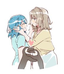 Rule 34 | 2girls, bird, blue hair, blue shirt, blue skirt, blush, brown hair, closed mouth, commentary request, hand on another&#039;s face, heart, korean commentary, looking at another, medium hair, misakino kukuru, miyazawa fuuka, multiple girls, open mouth, penguin, pito (sh02327), profile, shiroi suna no aquatope, shirt, short sleeves, simple background, skirt, smile, starfish hair ornament, sweater, upper body, white background, yellow sweater, yuri