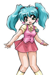 Rule 34 | 1990s (style), 1girl, ahoge, aqua eyes, aqua hair, bad id, bad pixiv id, blush, earrings, green eyes, green hair, happy, jewelry, mahou no angel sweet mint, matching hair/eyes, mint (sweet mint), necklace, okuri ookami, open mouth, red skirt, retro artstyle, shirt, short hair, simple background, skirt, socks, solo, standing, star (symbol), star earrings, twintails, vest, watch, white background