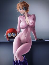 Rule 34 | 1girl, absurdres, artist name, black gloves, bodysuit, closed mouth, commentary, curvy, earpiece, english commentary, gloves, goggles, goggles on headwear, helmet, highres, instagram username, one piece, orange hair, pink bodysuit, shiny clothes, short hair, solo, stupidtako, unworn headwear, unworn helmet, vegapunk lilith, wide hips
