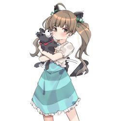 Rule 34 | 1girl, aa211108, ahoge, animal, animal ears, blunt bangs, blush, brown eyes, brown hair, cowboy shot, dog, dog ears, dog tail, dot mouth, dot nose, dress, expressionless, eyelashes, fake animal ears, fake tail, frilled dress, frills, green dress, green ribbon, hair ribbon, hakozaki serika, holding, holding animal, holding dog, idolmaster, idolmaster million live!, idolmaster million live! theater days, long hair, looking at viewer, motion lines, puppy, ribbon, shirt, short sleeves, sidelocks, simple background, tail, tail wagging, twintails, two-tone dress, very long hair, white background, white shirt