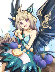 Rule 34 | 1girl, bare shoulders, black wings, blueberry, bread, brown hair, collarbone, dress, duel monster, feathered wings, feet out of frame, food, fruit, green dress, hair ornament, holding, holding food, hugin the runick wings, jewelry, kachuten, long hair, necklace, open mouth, pearl necklace, purple hair, sitting, solo, wings, yu-gi-oh!