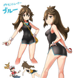 Rule 34 | 1boy, 1girl, ass, bag, bare shoulders, baseball cap, black dress, brown hair, chase (pokemon), commentary request, covered navel, creatures (company), cropped legs, dress, eevee, game freak, gen 1 pokemon, green (pokemon), hair between eyes, hand on own hip, hat, in the face, kneepits, long hair, looking at viewer, looking back, messenger bag, nintendo, o o, poke ball, poke ball (basic), pokemon, pokemon (creature), pokemon lgpe, pout, short dress, shoulder bag, side slit, simple background, sleeveless, sleeveless dress, smile, solo focus, surprised, throwing, v, white background, wide-eyed, wristband, zaxwu