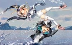 Rule 34 | 10s, 2girls, ^ ^, black hair, blonde hair, blue hair, blush, boots, borrowed character, closed eyes, commentary request, fang, fictional persona, fins, gradient hair, head fins, hood, hoodie, in water, jacket, kemono friends, killer whale (kemono friends) (stylecase), leotard, long sleeves, multicolored hair, multiple girls, nose blush, original, penguin tail, pink hair, royal penguin (kemono friends), short hair, smile, splashing, tail, thighhighs, twintails, water, water drop, wavy mouth, welt (kinsei koutenkyoku)