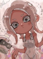 Rule 34 | 1girl, agent 8 (splatoon), artist name, bare shoulders, bodysuit, breasts, closed mouth, collarbone, coral, covered navel, dark-skinned female, dark skin, dot nose, drone, frown, grey eyes, grey hair, highres, looking at viewer, medium breasts, medium hair, nintendo, octoling, octoling girl, octoling player character, pearl drone (splatoon), plum0o0, short eyebrows, signature, splatoon (series), splatoon 3, splatoon 3: side order, suction cups, tentacle hair, white bodysuit