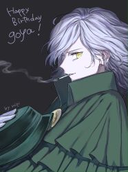 Rule 34 | 1boy, edmond dantes (fate), fate/grand order, fate (series), hat, highres, looking at viewer, male focus, nipi27, short hair, smile, smoking, solo, translation request, wavy hair, white hair, yellow eyes