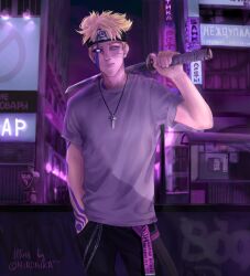Rule 34 | 1boy, aged up, alternate costume, artist name, blonde hair, blue eyes, boruto: naruto next generations, city, closed mouth, forehead protector, highres, holding, holding sword, holding weapon, jewelry, konohagakure symbol, male focus, miromika, naruto (series), necklace, outdoors, pendant, russian text, shirt, short hair, solo, sword, uzumaki boruto, weapon, whiskers