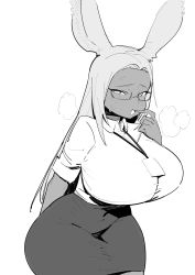 Rule 34 | absurdres, arm behind back, blush, breasts, collared shirt, curvy, dark skin, final fantasy, final fantasy xiv, glasses, greyscale, gs16 (chug), heart, heart-shaped pupils, heavy breathing, highres, huge breasts, id card, jourjii, lanyard, long hair, looking at viewer, monochrome, office lady, open mouth, pencil skirt, pointing, pointing at self, rabbit ears, shirt, skirt, symbol-shaped pupils, thick thighs, thighs, tight clothes, tight shirt, tight skirt, viera, wide hips
