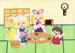 Rule 34 | 3girls, :d, :o, ^ ^, absurdres, animal ears, arms up, blonde hair, bowl, brown hair, bucket, cat ears, chen, chopsticks, clock, drawer, eating, closed eyes, food, fox tail, hat, highres, indoors, md5 mismatch, multiple girls, multiple tails, open mouth, poru (tohopunk), rice, seiza, shelf, short hair, sitting, smile, tabard, table, tail, television, touhou, traditional media, two tails, yakumo ran, yakumo yukari