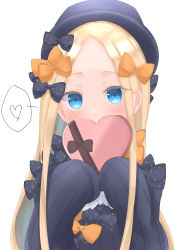 Rule 34 | 1girl, abigail williams (fate), absurdres, black bow, black dress, black hat, blonde hair, blue eyes, blush, bow, box, breasts, doctor 0927, dress, fate/grand order, fate (series), forehead, gift, gift box, hair bow, hat, heart-shaped box, highres, long hair, long sleeves, looking at viewer, multiple bows, orange bow, parted bangs, polka dot, polka dot bow, ribbed dress, sleeves past fingers, sleeves past wrists, small breasts, valentine