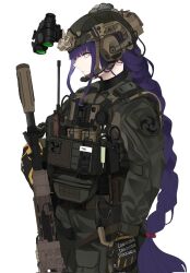 Rule 34 | 1girl, assault rifle, braid, carabiner, commentary, contemporary, fte (fifteen 199), genshin impact, gloves, gun, headset, highres, knife, long hair, looking ahead, low-braided long hair, low-tied long hair, m4 carbine, magazine (weapon), military operator, mitsudomoe (shape), night vision device, pouch, purple eyes, purple hair, radio, raiden shogun, rifle, scissors, simple background, symbol-only commentary, tomoe (symbol), torii, very long hair, weapon, weapon request, white background